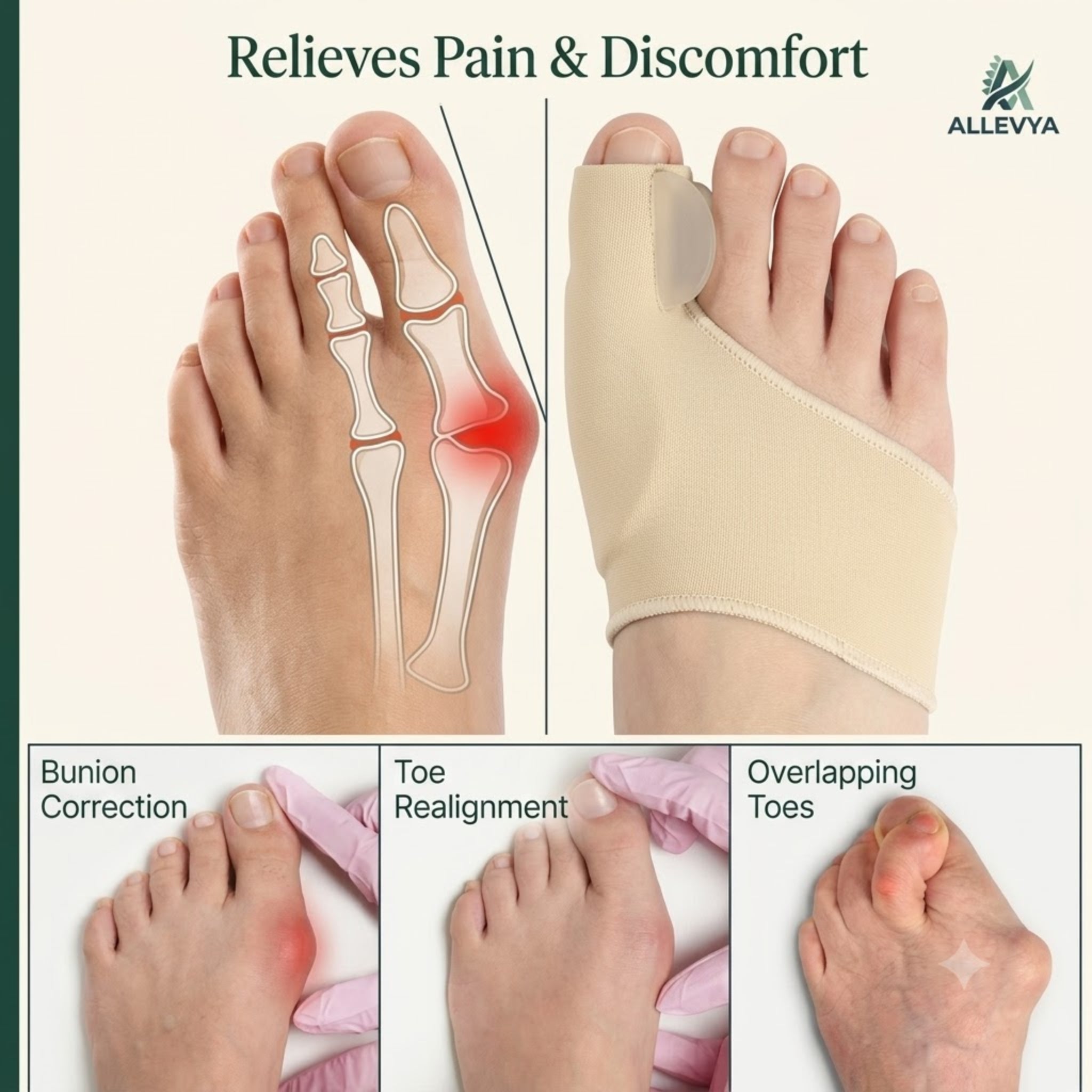 Bunion Correctors and Toe Separators Orthopaedic Foot Support for Hallux Valgus and Bunion Pain Relief – One Size (Black, Grey or Nude)