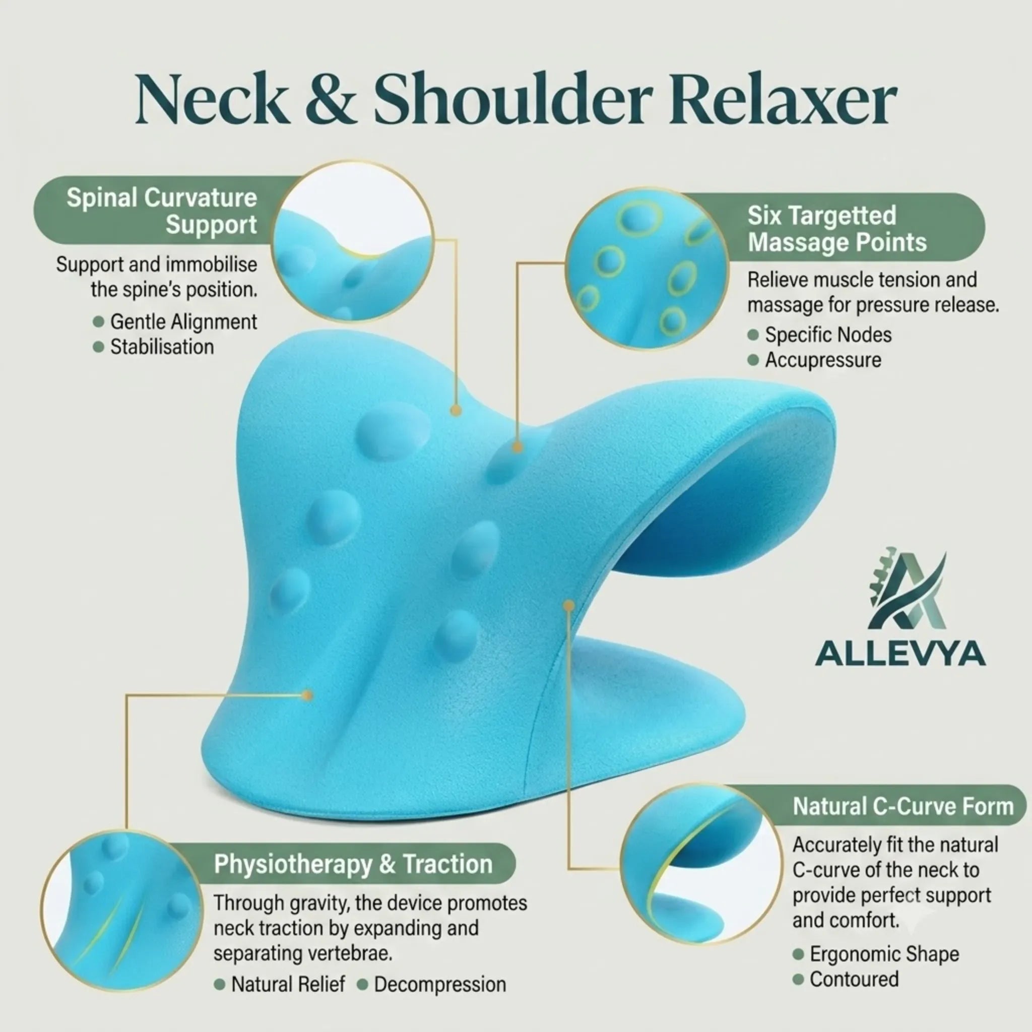 Cervical Traction Device & Neck and Shoulder Relaxer – C-Shaped Acupressure Cushion for TMJ Support and Spine Alignment, Unisex One Size